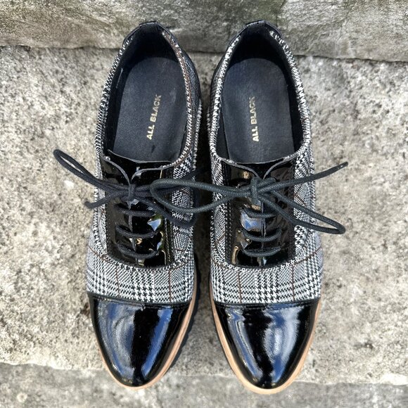 ALL BLACK Plaid Patent Toe Oxfords Size 40 (9) - Picture 2 of 3